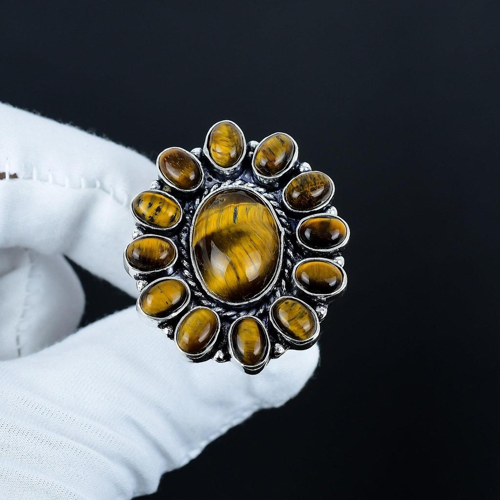 Natur Tigerauge Edelsteinring, 925 Sterlingsilber Ring, Geschenk für Sie, Ovaler Stein, Eleganter Handgefertigter Ring, Tigerauge Blume Silberring zum Verschenken