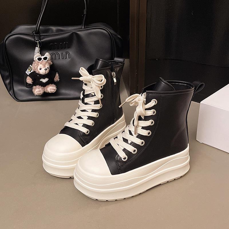 Imitation leather thick baseplate shoes women's autumn 2025 new versatile velvet round head lace-up side zipper casual bread shoes