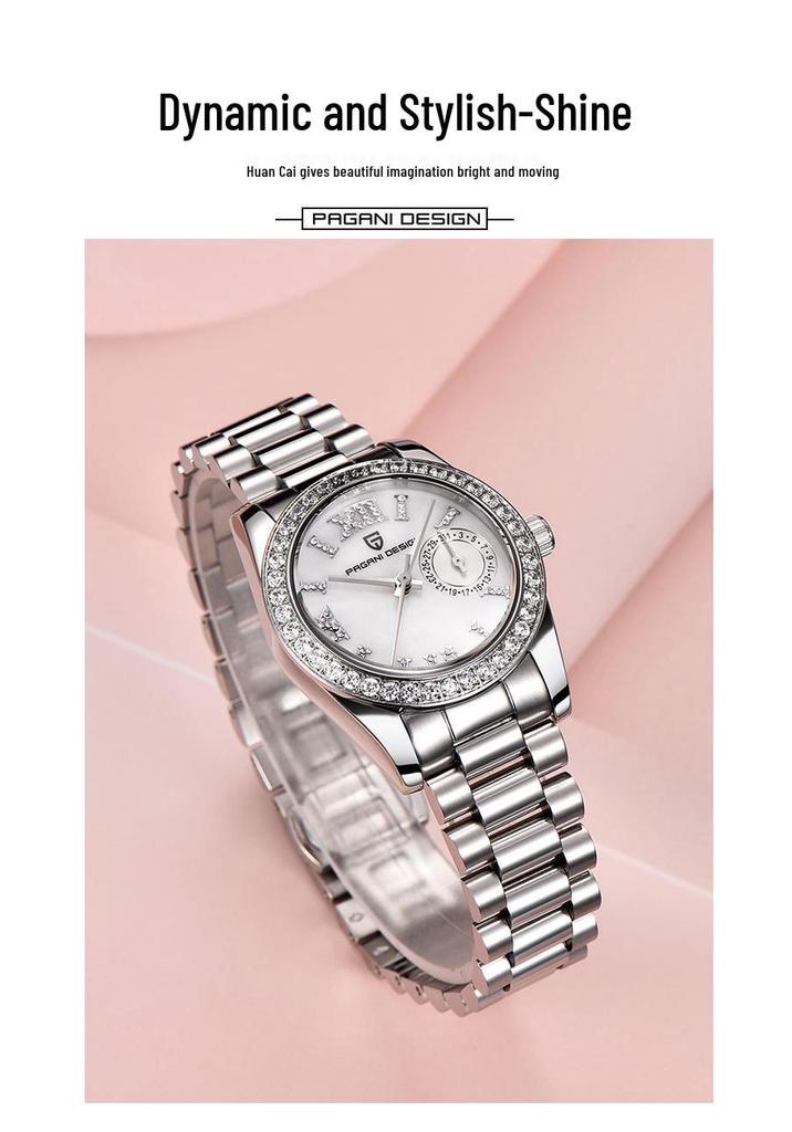 PAGANI DESIGN Damen-Uhr 32MM Wasserdicht Edelstahl mit Diamant-Zifferblatt und Kalender