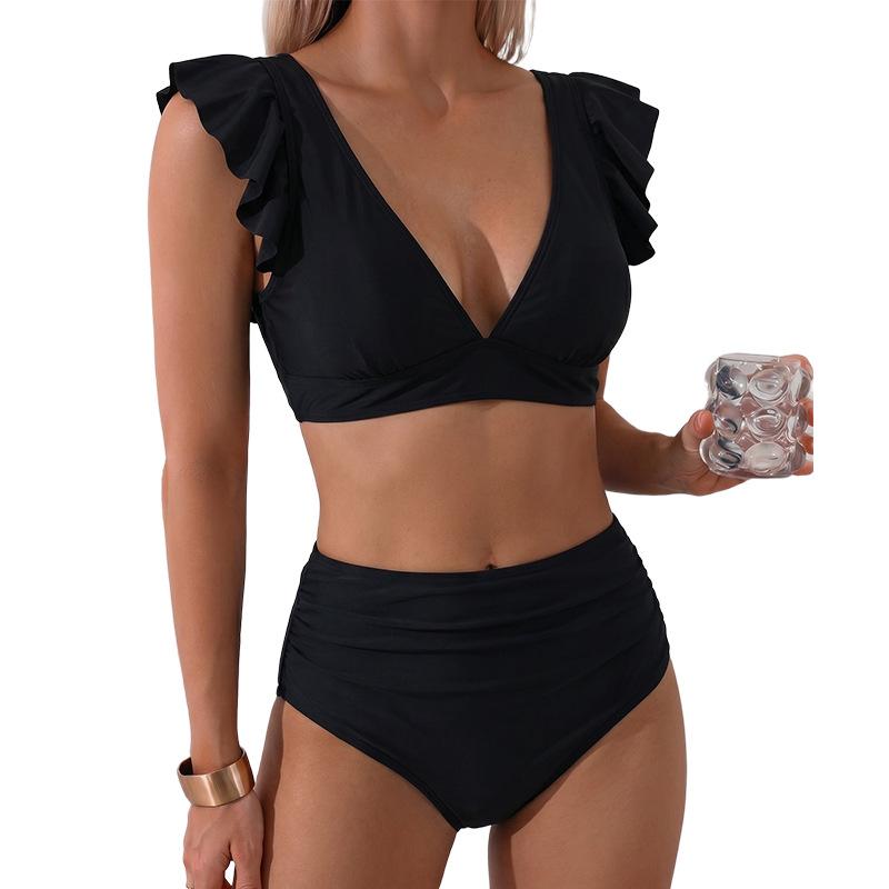 Summer Women s Swimsuit Split High Waisted Ruffled Bikini Sexy Slimming and Belly Covering Swimsuit Set S чёрный