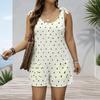 Women Plus Size Floral Printed Romper Scoop Neck Sleeveless Tie Strap Loose Fit Patch Pockets Navy Blue