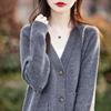 Women's 100% Wool V-Neck Cardigan with Pockets - Loose, Versatile Solid Color Sweater for Autumn & Winter.
