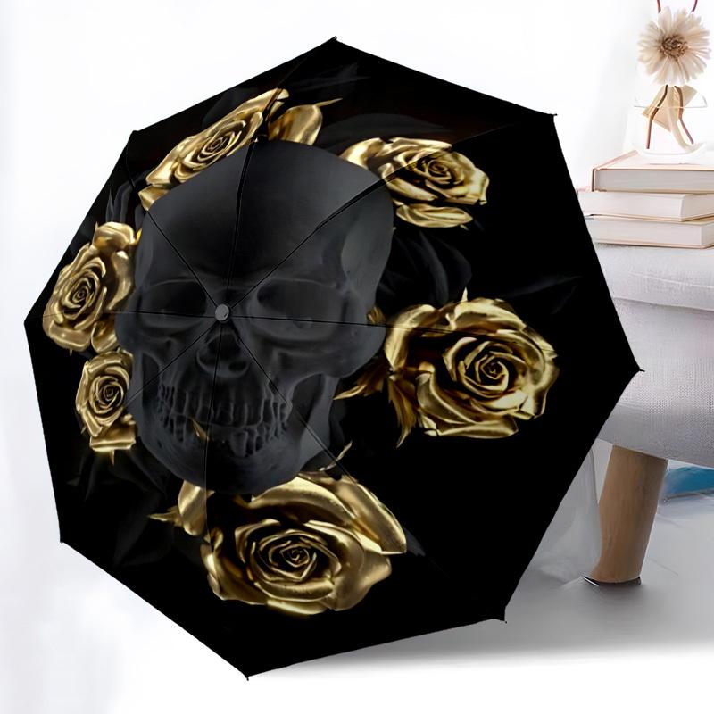 1PC Skull Roses Automatic Open/close Umbrella with 8-Rib Structure for Women/Men, All-Season Use - Travel Essential, Stylish Accessory, Highquality Fa