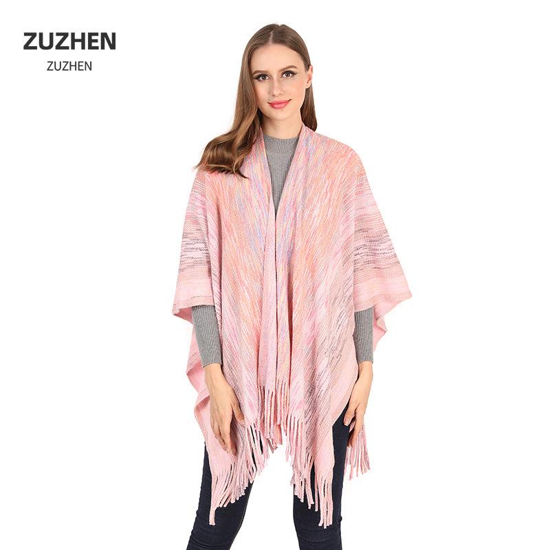 Women Gradient Space‑Dye Tassel Poncho Cape, Polyester Knit Open Front Shawl Wrap, Casual Soft Oversized Shoulder Cover Outerwear