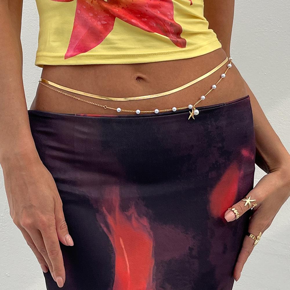 Wind Beach Vacation Imitation Pearl Starfish Pendant Waist Chain Waistchain Sexy Snake Bone Chain Body Chain