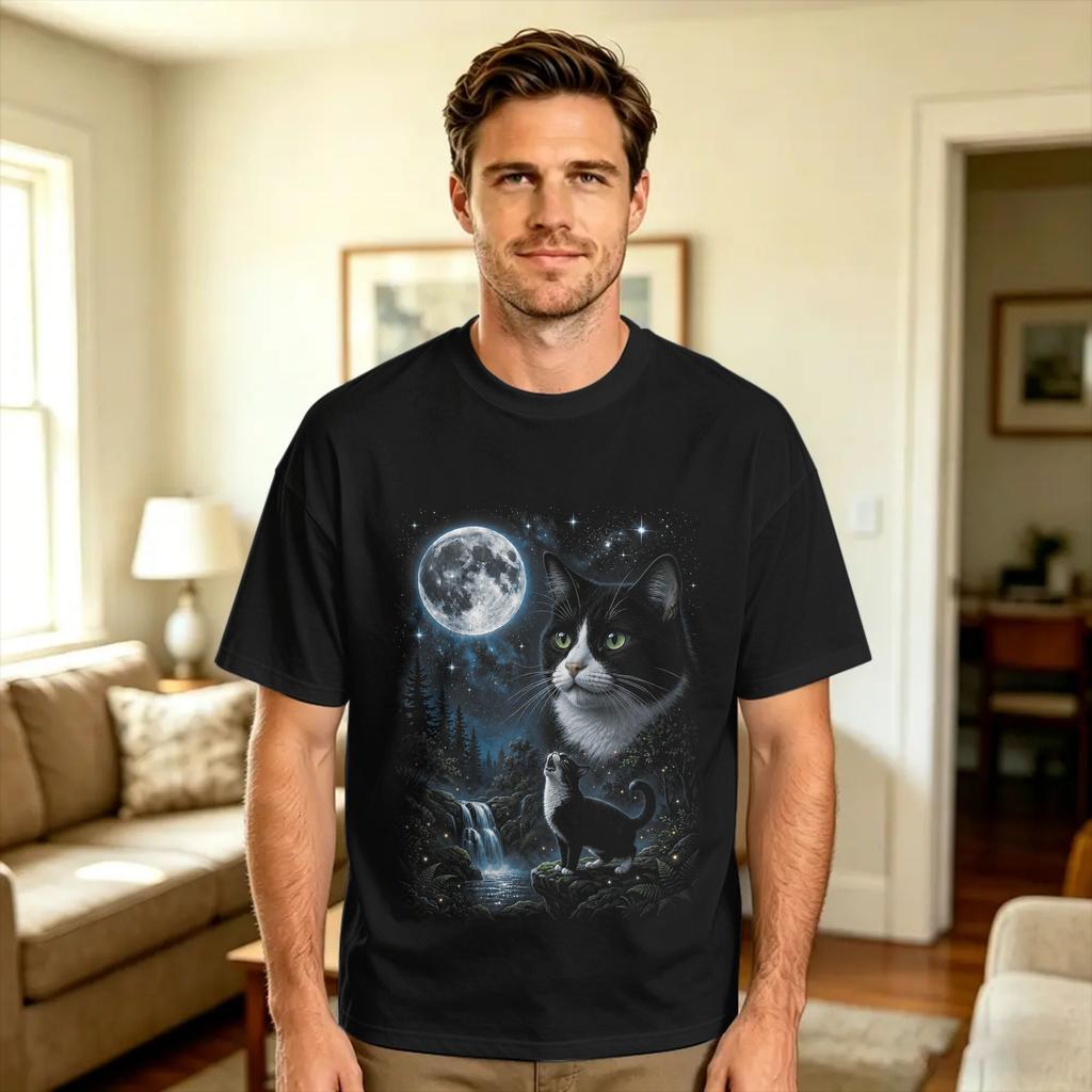 Vintage Moonlight Tuxedo Cat Howling Looking At The Moon T Shirt Harajuku T Shirts Short Sleeve Y2K Fun Tops Beach Cotton Tops