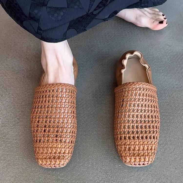 Sheepskin version~ retro one-pedal woven hollow breathable single shoes, children wear genuine leather square head versatile flats