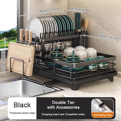Dish Bowl Drainer Dish Drying Rack Adjustable Kitchen Plates Organizer with Drainboard Over Sink Countertop Cutlery Storage Hold