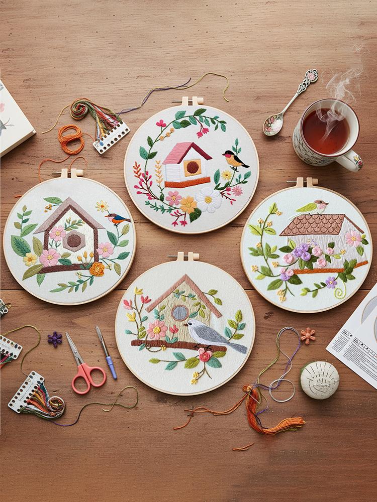 4 Pack Scenery DIY Embroidery Starter Kit with Embroidery Hoop Stitches Kit 30x30cm for Beginners Adults Hand Craft Lover Gift