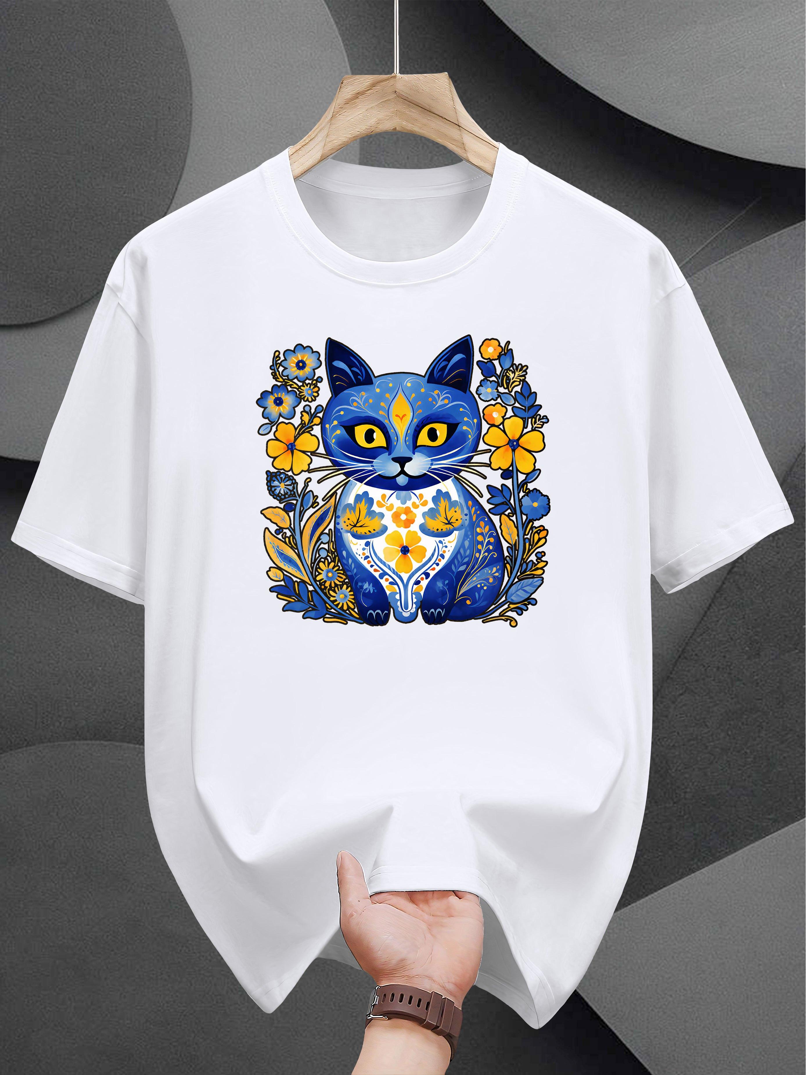 T-shirt with Vibrant Floral Cat Print - Navy Blue Casual Summer Tee L