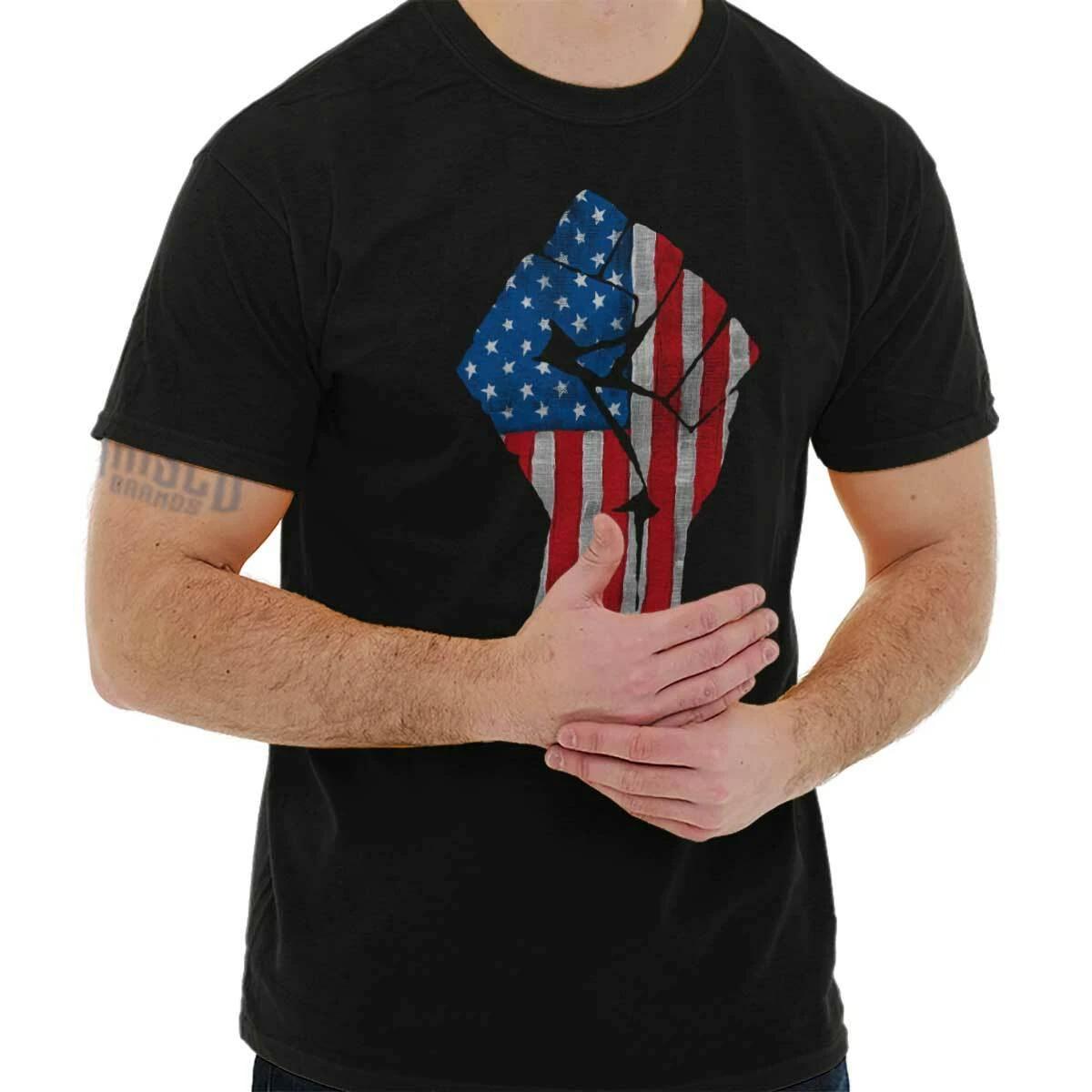Cool American Attitude USA Flag Protest Fist Womens or Mens Crewneck T Shirt Tee L