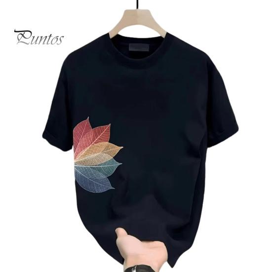 Men's Leaf Print T-shirt Cotton Round Neck Short-sleeved Top Summer Casual Loose Tee Shirt for Daily Life Sports Beaches