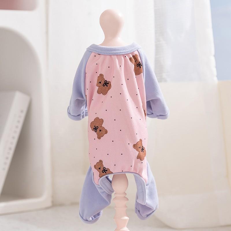 Pet Dog Four-Legged Pajama With Polka Dot Bear Print Warm Soft Fleece Belly Cover Air Conditioner Outfit