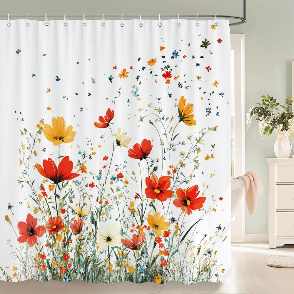 Watercolor Flowers, Leaves And Butterflies Shower Curtain Floral Printed Bathroom Bath Curtain Home Decor Curtain With Hooks