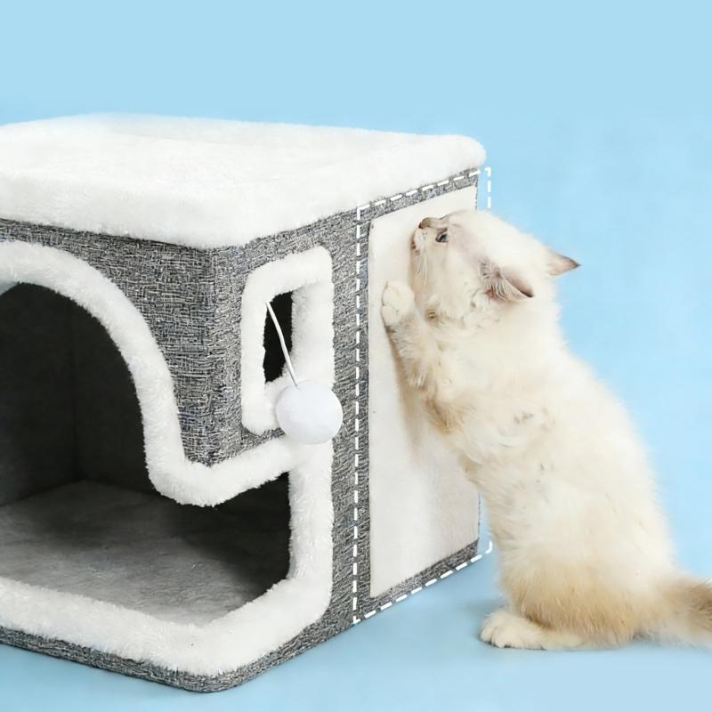 Double Layer Cats Cave Bed with Scratching Pad Foldable Design Space Saving Cats Shelter House for Indoor Habitats