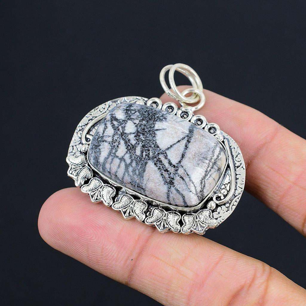 Natural Spider Web Jasper Gemstone Jewelry 925 Sterling Silver Pendant For Girls