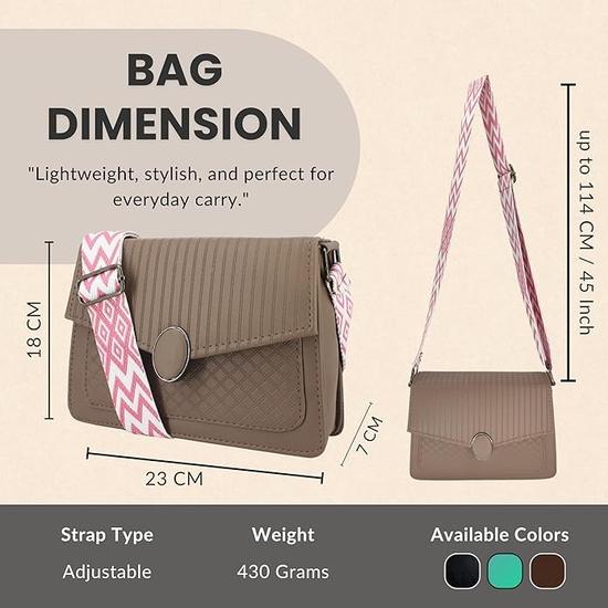 Quilted Pattern Leather Crossbody Sling Bag with Striped Pattern 23 x 18 x 7 cm