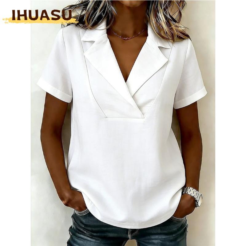 IHUASU Camicette e camicie da donna con scollo a V, maniche corte, stampa tinta unita casual alla moda