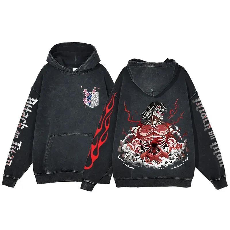 Anime Attack On Titan Eren Jaeger Print Hooded Men Manga Casual Hoodies Vintage Washed Streetwear Harajuku Cotton Sweatshirt