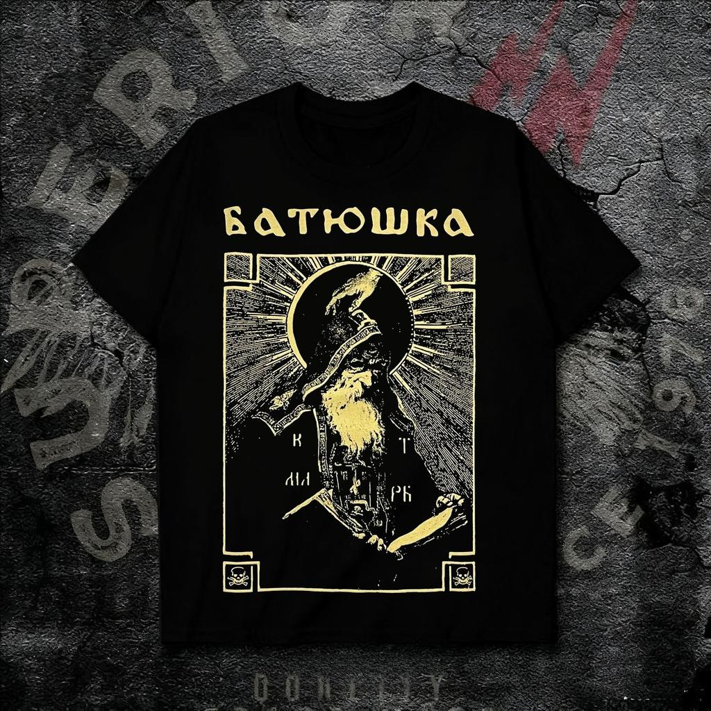 BATUSHKA Zespół Europejski Ciemny Rock Tematyczny Vintage Nadruk Czysta Bawełna Koszulka dla Mężczyzn i Kobiet Luźny Krój Odpowiedni na Lato