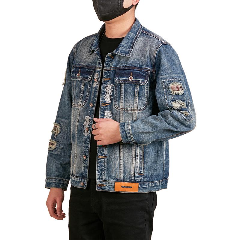 Xintang Men's American Retro Ripped Patchwork Denim Jacket - Loose Fit, Long Sleeve