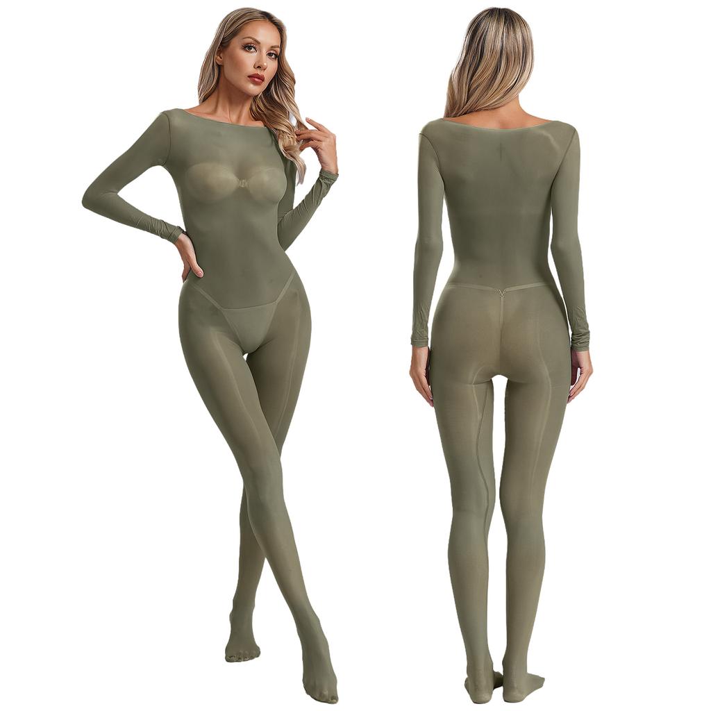 Womens Sheer Bodystocking Silky Long Sleeve Footed Bodysuit Seamless Jumpsuit