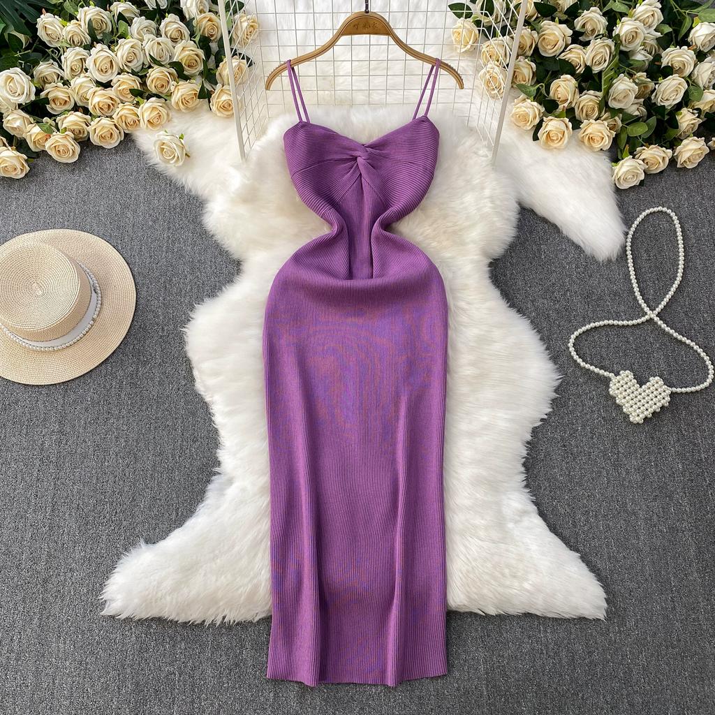 Summer Women Sexy Spaghetti Strap Knitted Sweater Long Midi Home Chic Sheath Dresses