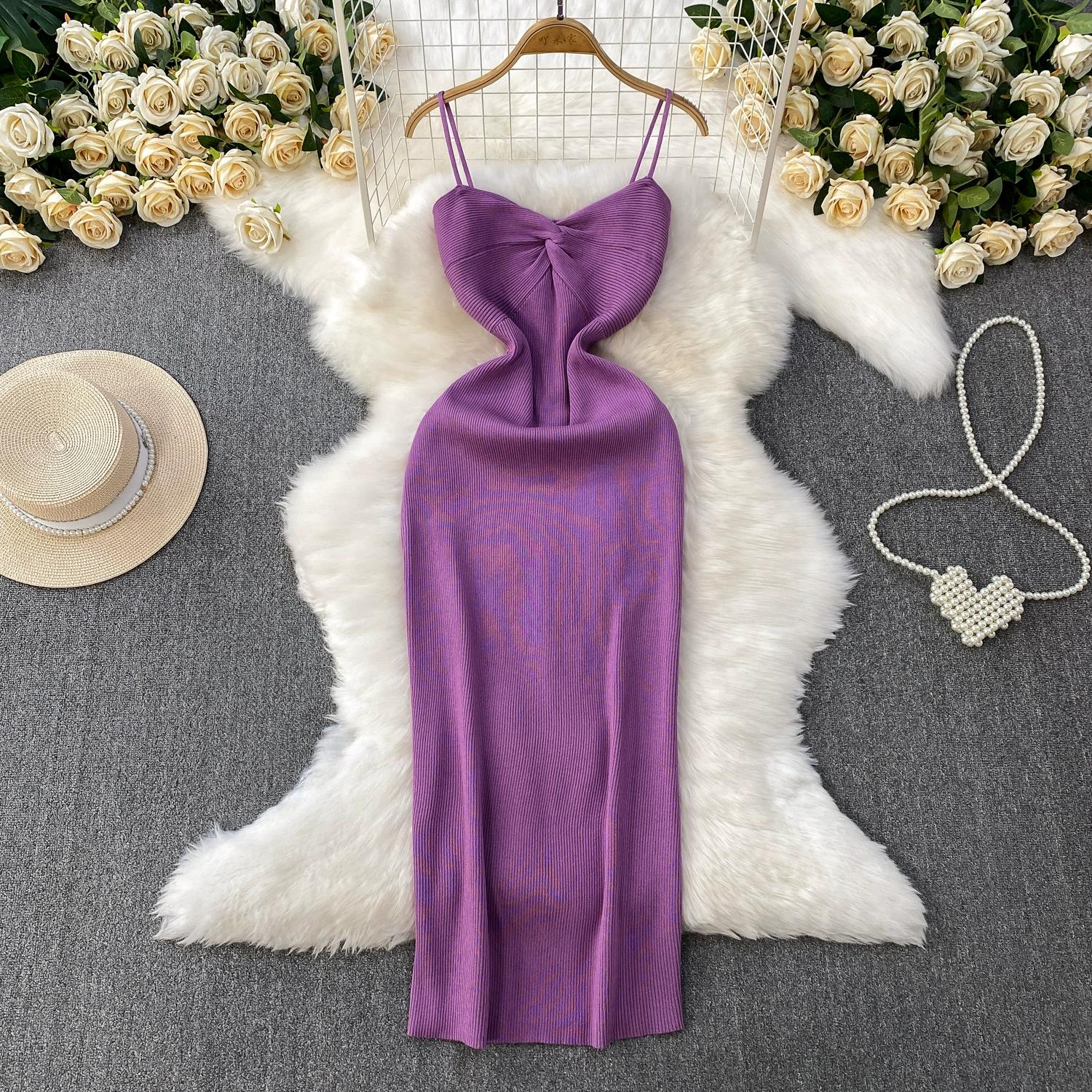 

Летние женские сексуальные вязаные свитера на тонких бретельках, длинные миди, домашние шикарные платья-футляры One Size фиолетовый