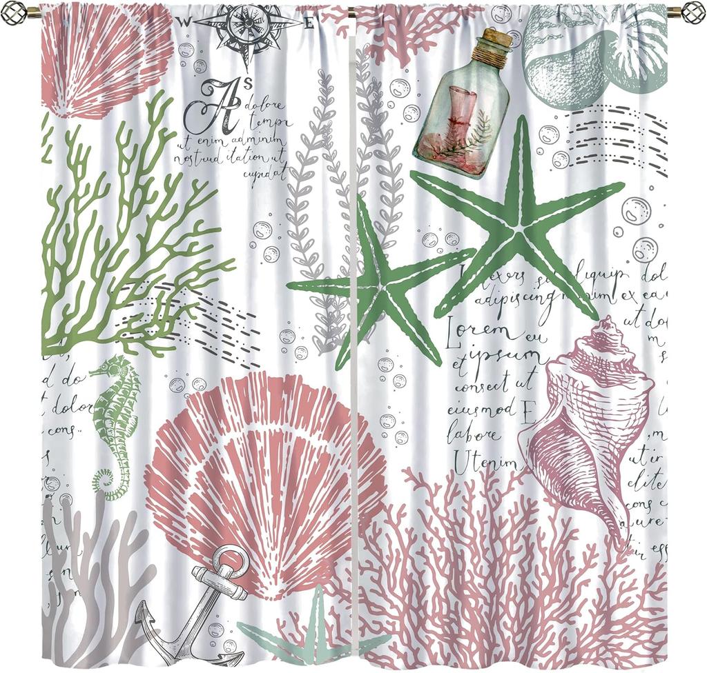 Nautical Ocean Beach Curta,Pink Green Seashell Starfish Coral Coastal Cafe Curta Marine Window Treatment Drapes Home Decor