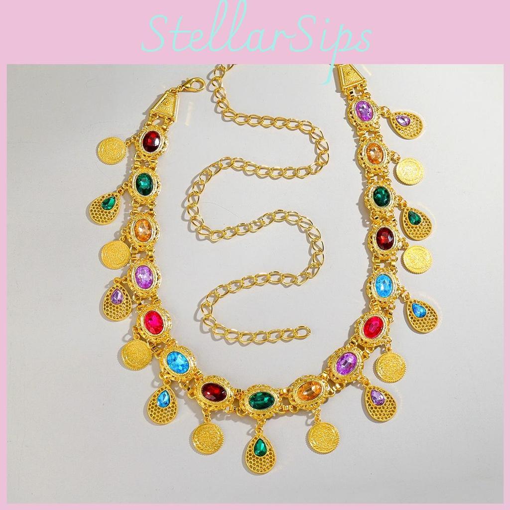 Arabic Jewelry Gold Alloy Acrylic Gem Waist Belt With Hollow Pattern For Ladies Summer Wear