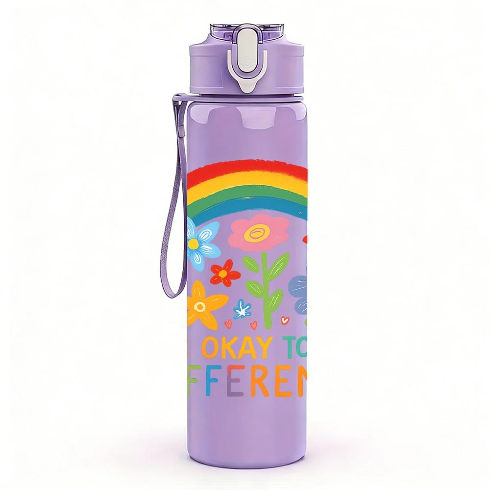 1PC Rainbow Flower Letter Design 750ml Color Plastic Sports Water Bottle Leakproof Flip Straw Lid Suitable for Sports Office Home Use