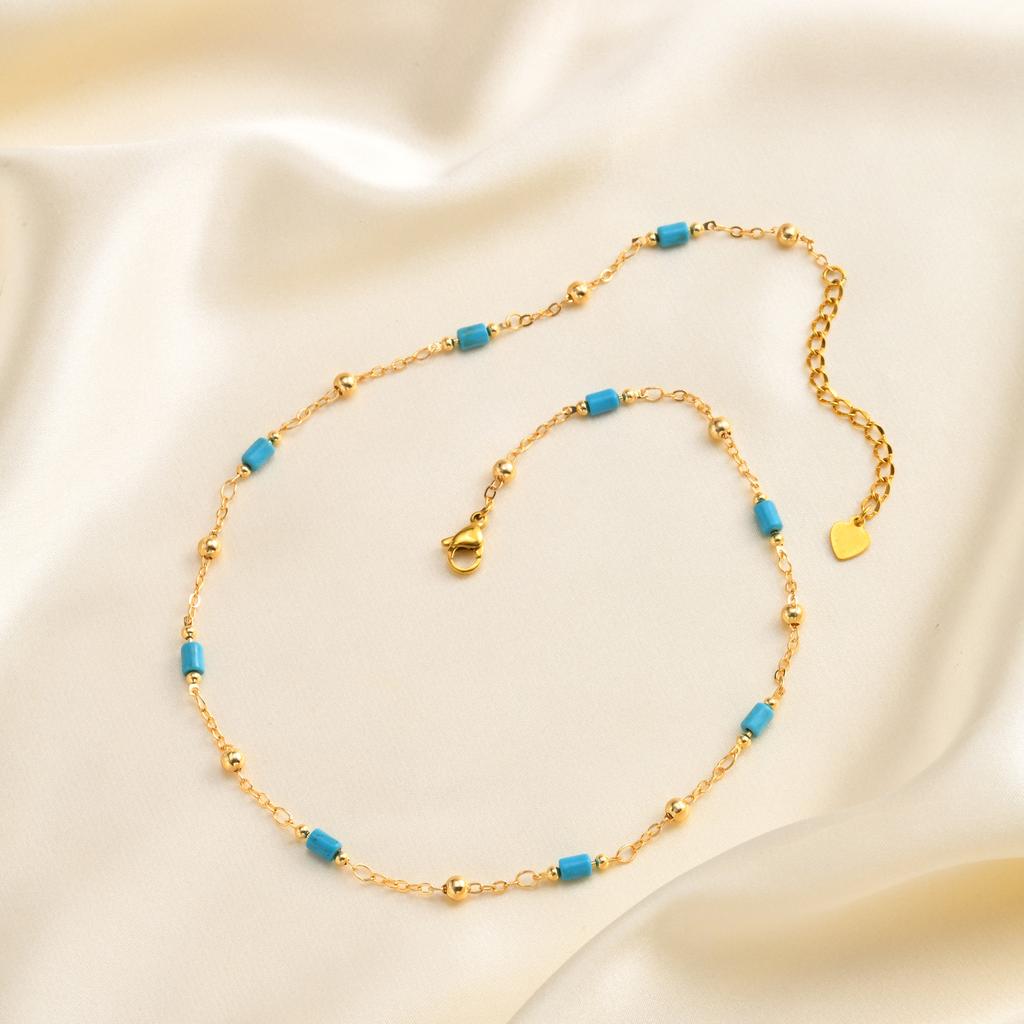Handmade Turquoise Choker Necklace Beaded Cylinder Stone Chain for Women Summer Beach Boho Vacation Jewelry