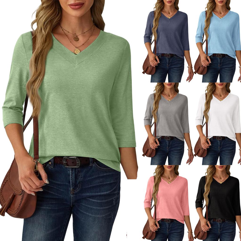 Women's Casual Loose Fit V Neck Pullover Top Three Quarter Sleeve Lightweight Blouse for Everyday Wear