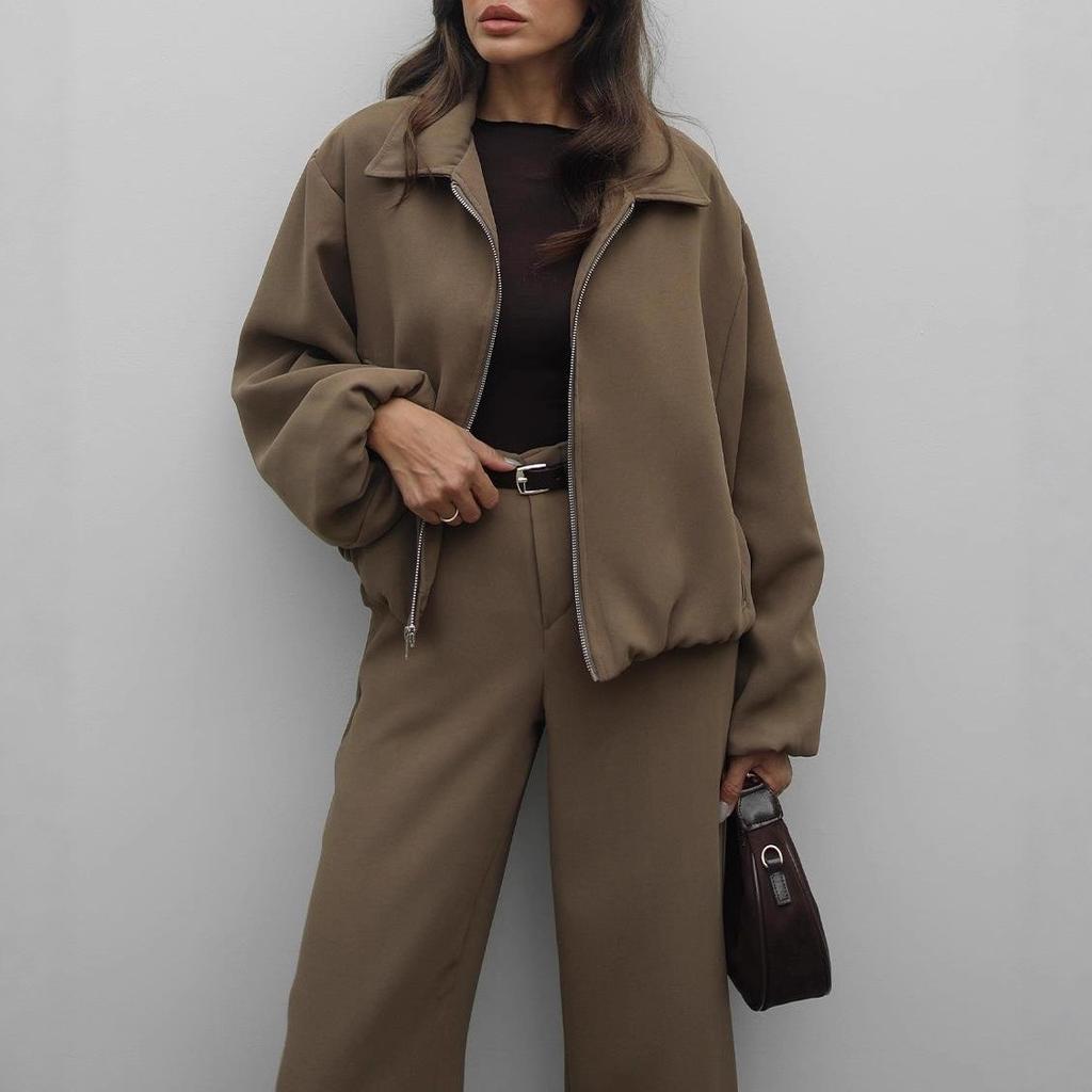 2025 Cross-border European and American Women's Clothing Amazon V-neck Long-sleeved Lapel Zipper Casual Pants Straight Versatile Set