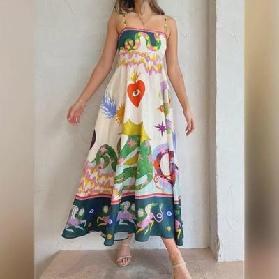 2024 Yaz Şık Yüksek Bel Baskılı Kadın Günlük Moda Elbise