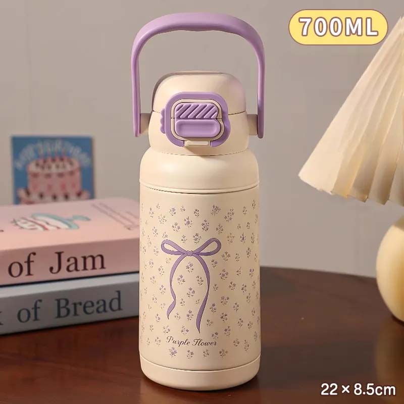 700ML Cute Bow Thermo Water Bottle For Girls Portable Handle 316 Double Drinking Outdoor Sports Straw Vacuum Thermal Bottle Gift