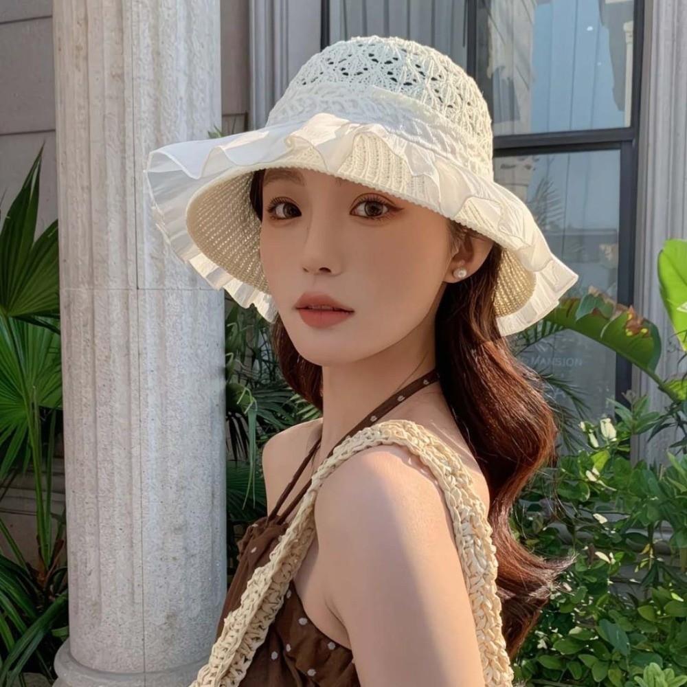 with Lace Bow Wide Brimmed Straw Hat Lightweight Woven Sun Cap Vacation Beach Cap  Indoor / Outdoor