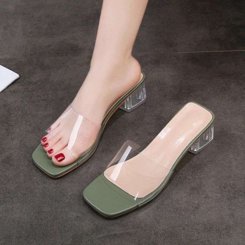 Fairy cool slippers female summer 2025 new fashion outer wear square head thick heel medium heel temperament one word high heel sandals tide