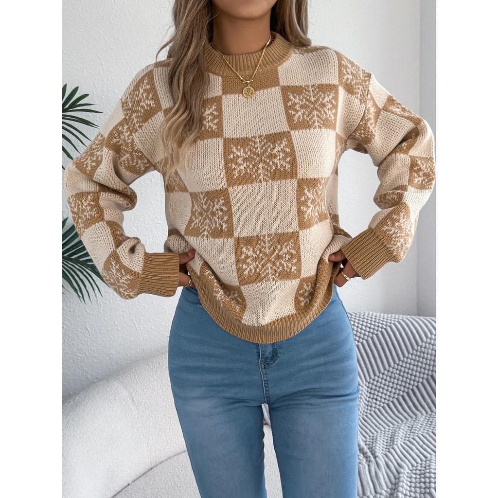 Autumn Winter Snowflake Checkered Knitted Sweaters Lantern Pullover Sweater Women's Christmas Sweater