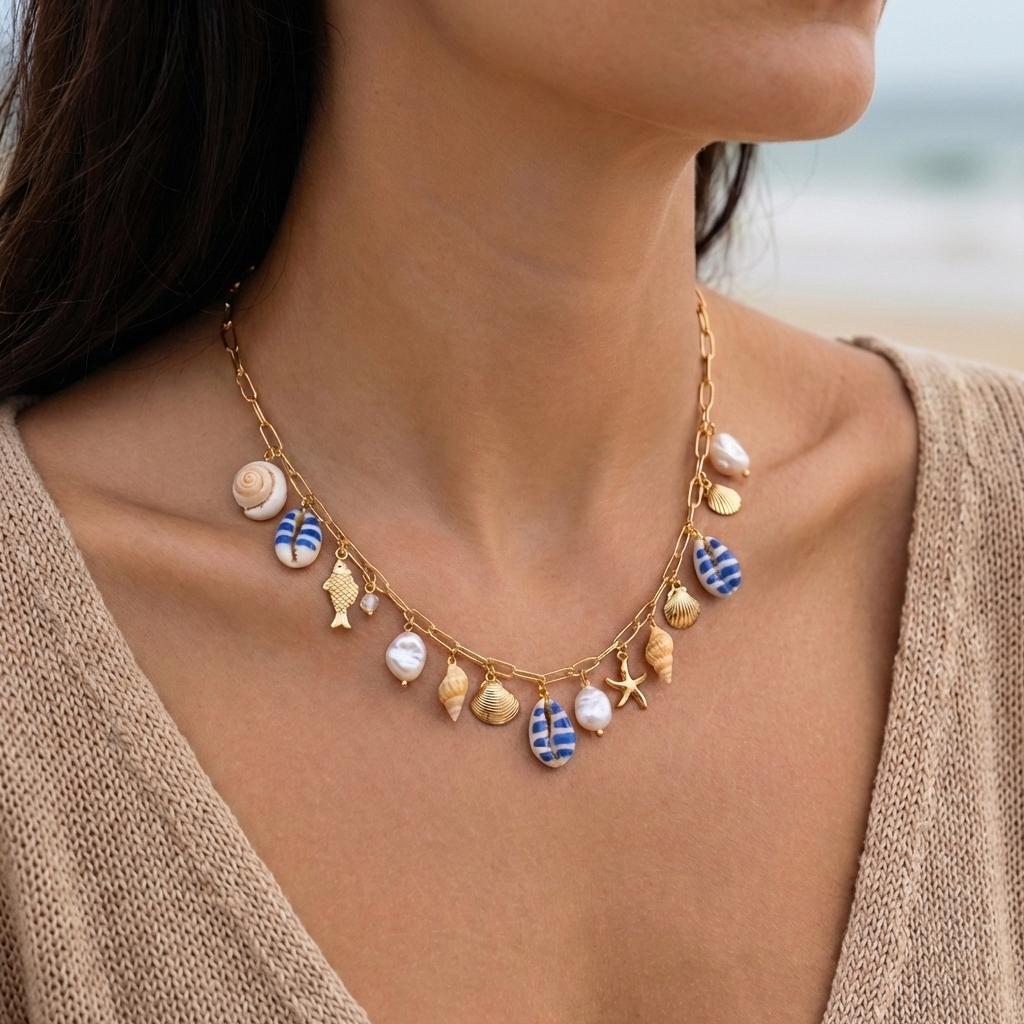 

Boho Colorful Shell Necklace For Women Gold Color Starfish Conch Scallop Pearl Charm Choker Summer Beach Vacation Resort Jewelry