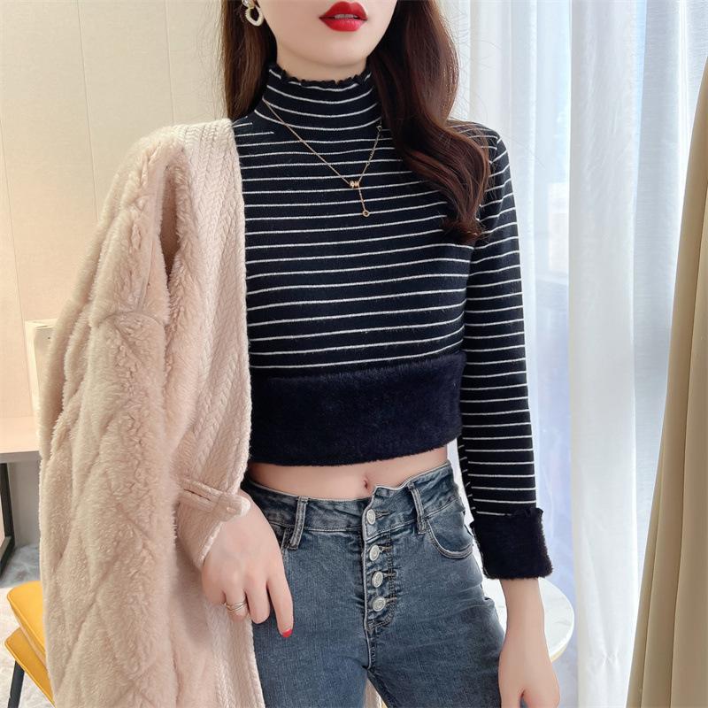 

A Semi-high-neck, Black Ear-trimmed, One-piece Striped Sweater for Women s Autumn and Winter, Loose and Slimming, Paired with A Knitted Base Layer one size чорний