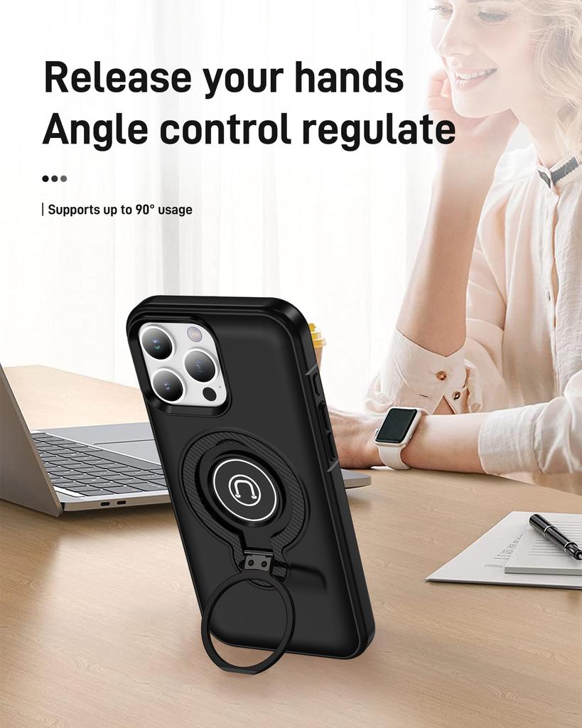 For iPhone 16 Pro Max Case TPU+PC Magnetic Car Mount Phone Cover with Ring Kickstand