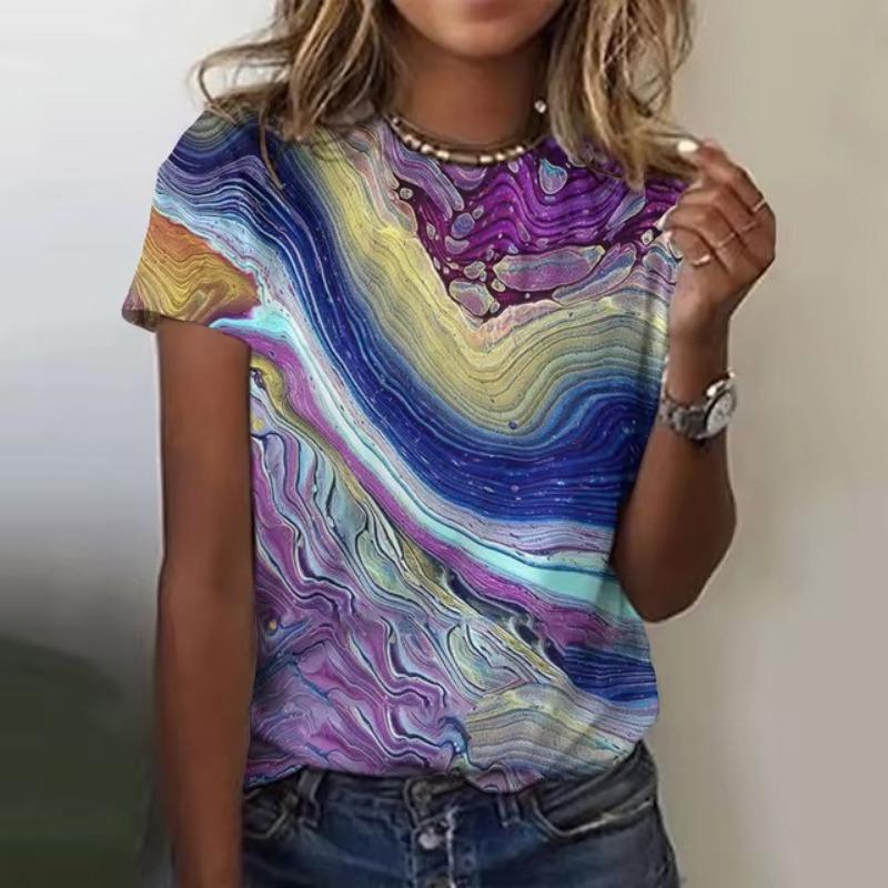Letní barva Kravata Dye 3D tisk Trička Ženy Streetwear Neformální Móda Y2k Tričko s krátkým rukávem Tričko s výstřihem do O Trička Topy Oblečení