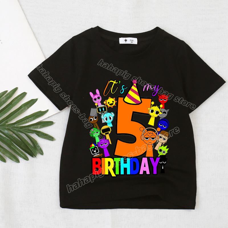 

Футболка с номером дня рождения Game Sprunki для девочек и мальчиков, футболки с коротким рукавом, летние повседневные детские топы, черная футболка, одежда для малышей с героями мультфильмов 150