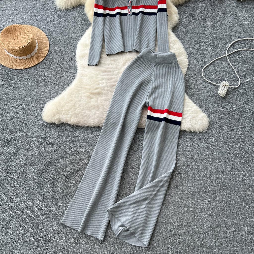 Autumn Winter Women Striped Knitted Sweater Vintage Two Piece Trouser Set V-neck Pullover Tops and Wide Leg Pant Suit