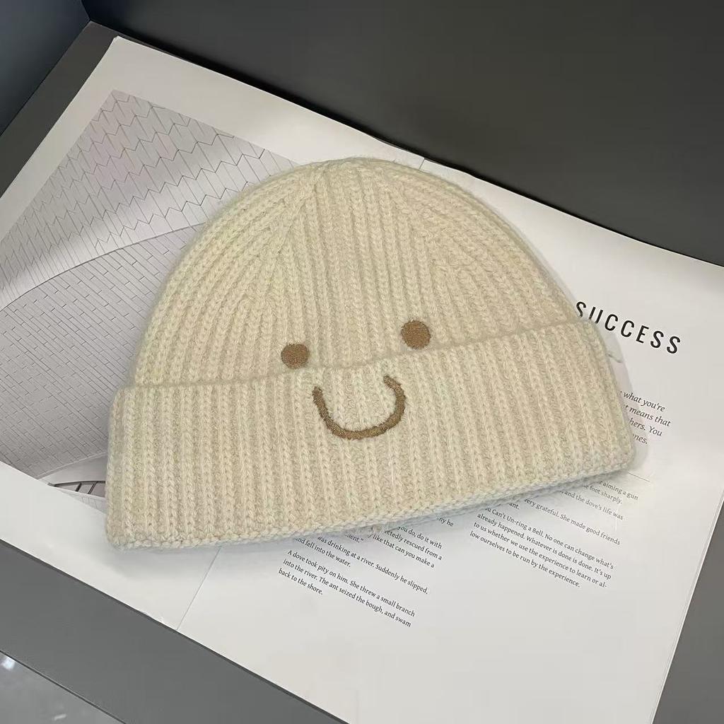 Niche Style Children's Woolen Hat Autumn and Winter Smiley Face Embroidery Boys and Girls Versatile Warm and Cold Hat Pullover Knitted Hat Trendy
