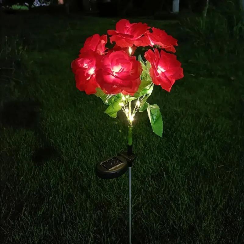 1 Bundle 7-Head Color Solar Rose Simulation Garden Light, LED Ground Inserted Atmosphere Decoration Light for Pathway Patio Gard