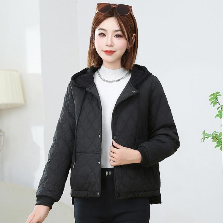 Women Lightweight Short Hooded Cotton Padded Rhombic Winter Warm Jacket Thin Western Style Down Cotton Padded S чёрный