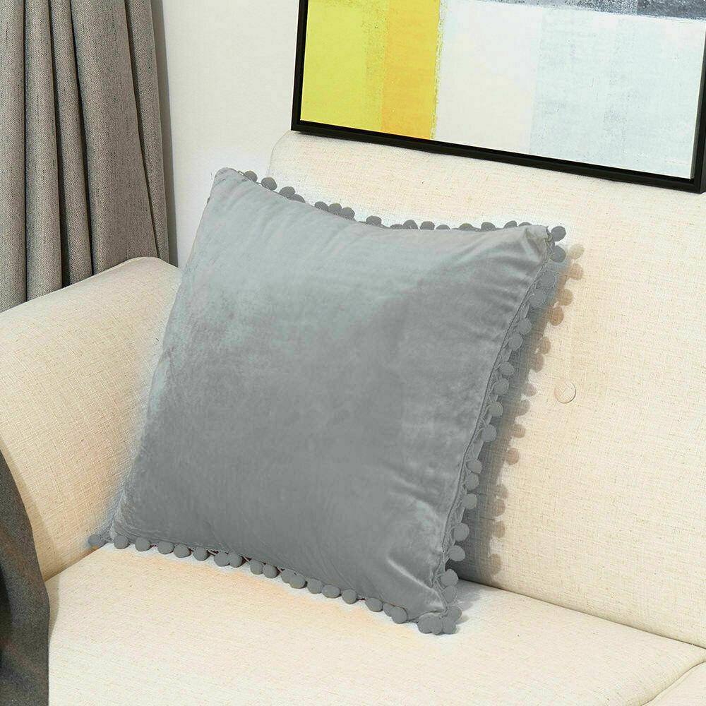 Мягкий бархатный чехол для подушки с помпонами домашний декоративный диван автомобиль наволочка светло-серый 860₽
