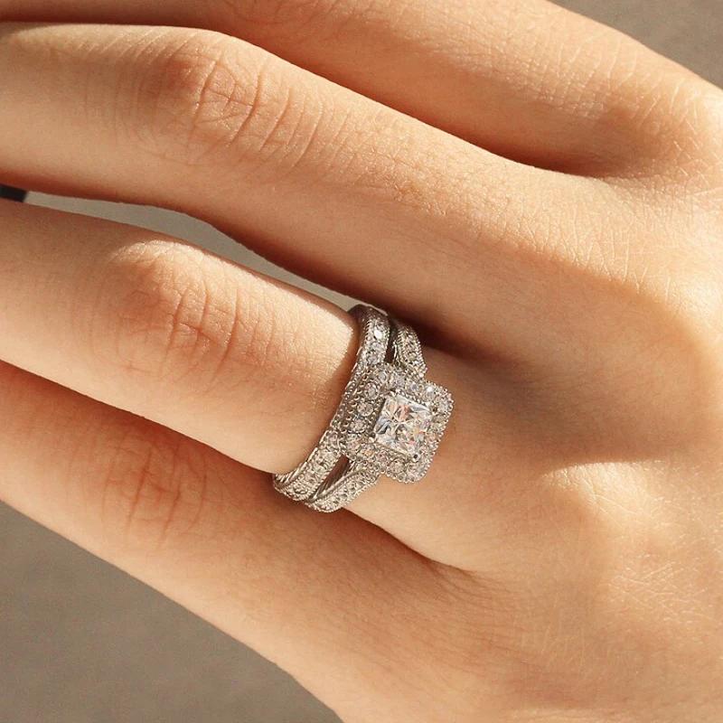 Huitan Brilliant 2Pc/Set Rings for Women Dazzling Luxury Gorgeous Finger Accessories Exquisite Versatile Wedding Band